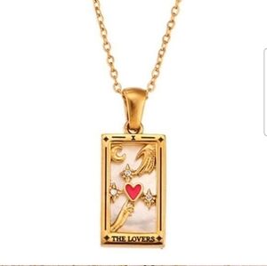 Lovers Tarot Card Pendant Necklace 18K Gold Enamel Rectangle Stainless S…